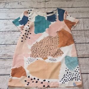 MinkPink Tan Blue Abstract Print Sundowner Short Sleeve Dress L